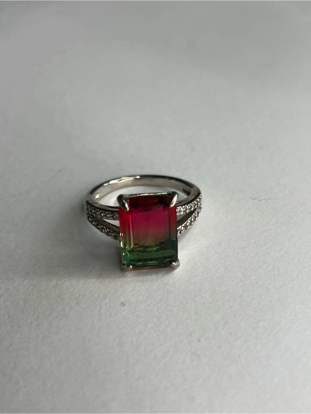 Bicolor Watermelon Tourmaline Style Statement Ring Emerald Cut Red Green